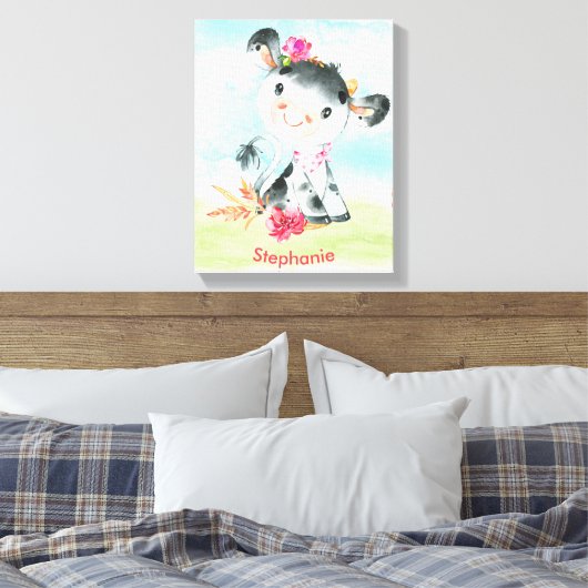 Roze Waterverf Kleine Koe Canvas Afdruk (Insitu (Slaapkamer))