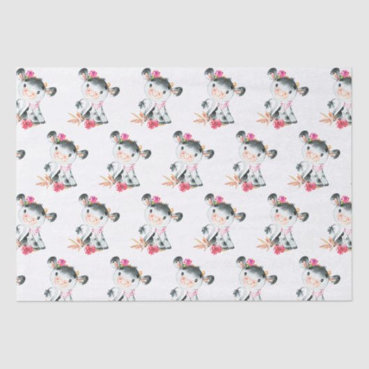 Roze Waterverf Kleine Koe Tissuepapier (Voorkant)