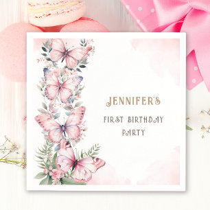 Roze Waterverf Kleine Vlinder Meisje 1e Verjaardag Servet