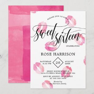 Roze Waterverf Kusjes Sweet Sixteen Kaart