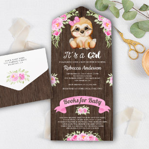 Roze Waterverf Kute Sloth Wood Baby shower All In One Uitnodiging