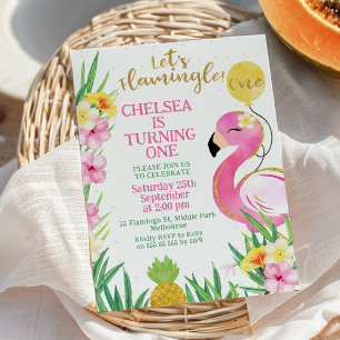Roze waterverf Laten we Flamingle 1e verjaardag Kaart