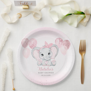 Roze Waterverf Leuke Olifant Meisje Baby shower Papieren Bordje
