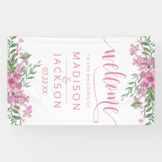 Roze Waterverf liefde bloesems bruiloft welkom Spandoek (Horizontaal)