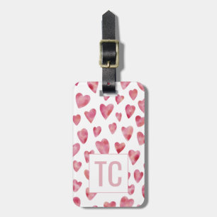Roze Waterverf Liefdeshart Monogram Honeymoon Bagagelabel