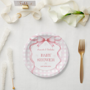Roze Waterverf Lint Gingham Meisje Baby Shower Papieren Bordje