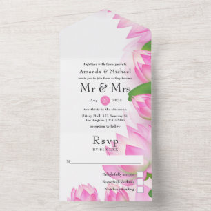 Roze Waterverf Lotus Bloem Indiase Bruiloft All In One Uitnodiging
