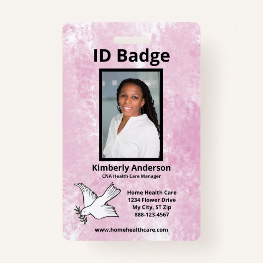 Roze Waterverf Medewerker Fotonaam Logo ID Badge (Voorkant)