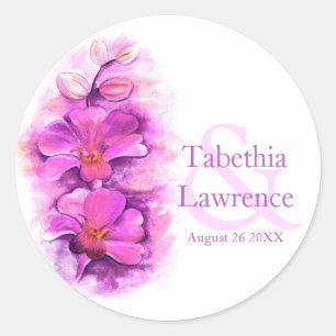 Roze waterverf met gestileerde orchidee trouwstick ronde sticker