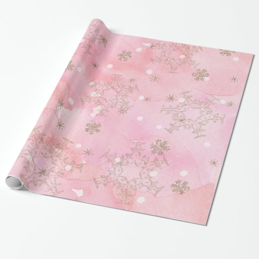 Roze waterverf met gouden glittersneeuwvlokken cadeaupapier (Uitgerold)