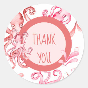 Roze Waterverf Octopus Zee Baby Meisje Dank je Ronde Sticker