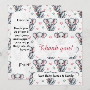 Roze Waterverf Olifant Baby Shower Bedankkaart