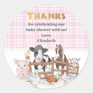 Roze Waterverf op het Farm Animals Baby shower Ronde Sticker