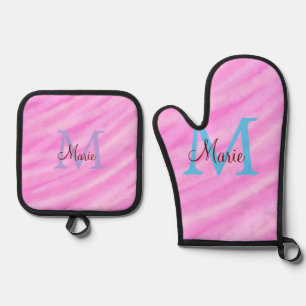 Roze waterverf pastel toevoegen titel monogram let ovenwant & pannenlap set