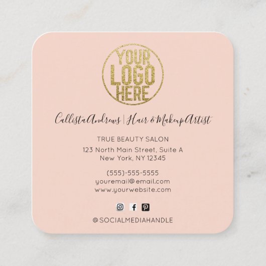 Roze Waterverf penseel Glitter Confetti Logo Vierkante Visitekaartje (Achterkant)