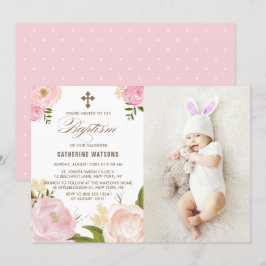 Roze Waterverf Peonies Foto Baptisme Uitnodiging