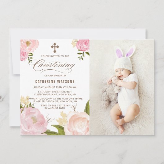 Roze Waterverf Peonies Foto Christening Kaart (Voorkant)