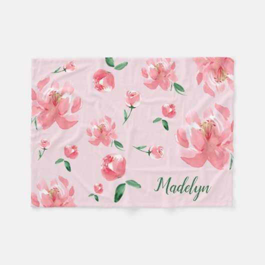 Roze Waterverf Peonies Green Script Custom Name Fleece Deken (Voorkant (Horizontaal))