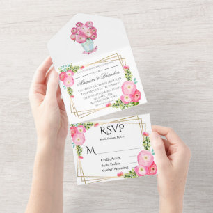 Roze Waterverf Peony Gold Geometric Wedding All In One Uitnodiging