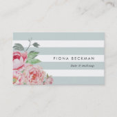 Roze Waterverf Peony & Mint Stripe Visitekaartje (Voorkant)