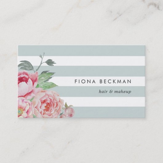 Roze Waterverf Peony & Mint Stripe Visitekaartje (Voorkant)
