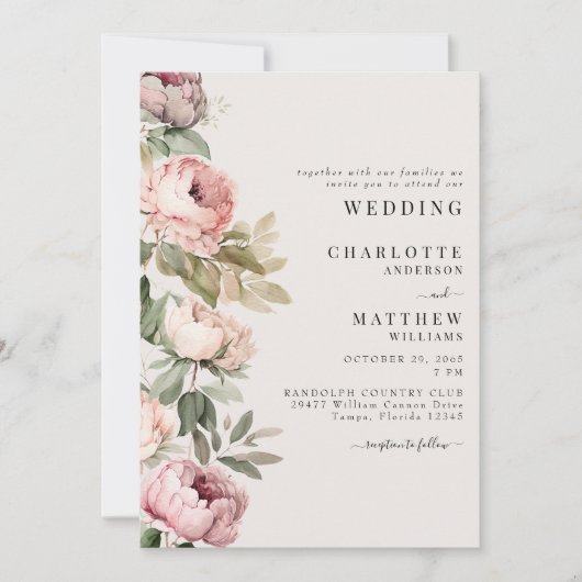 Roze Waterverf pioenen Elegante bruiloft Kaart (Voorkant)