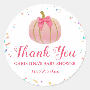 Roze Waterverf Pompoen Dank u Baby shower Ronde Sticker