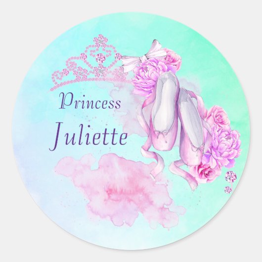 Roze Waterverf Prinses Kroon en Ballet Slippers Ronde Sticker (Voorkant)