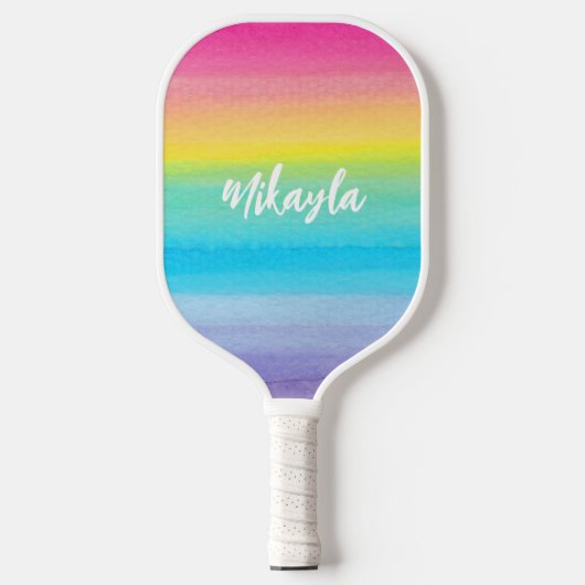  roze Waterverf Rainbow Trendy Script Name Pickleball Paddle (Voorkant)
