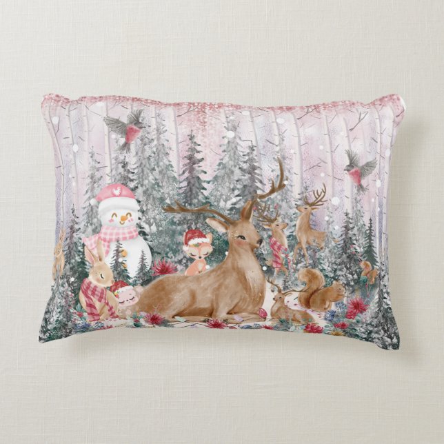 Roze Waterverf Reindeer, Snowman Merry Kerstmis Accent Kussen (Achterkant)