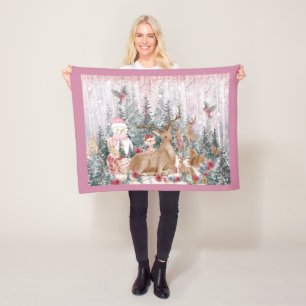Roze Waterverf Reindeer, Snowman Merry Kerstmis Fleece Deken