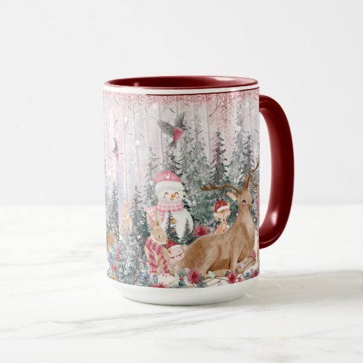 Roze Waterverf Reindeer, Snowman Merry Kerstmis Mok (Voorkant rechts)