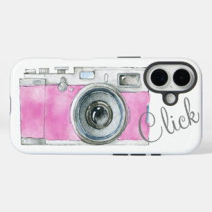 Roze Waterverf Retro camera fotograaf Logo iPhone 16 Hoesje