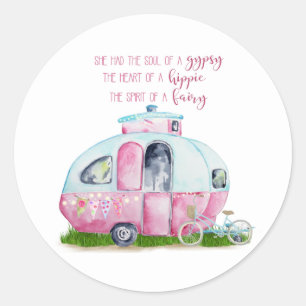 Roze Waterverf Retro  Camper Glamper Ronde Sticker