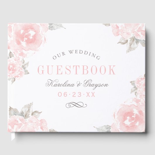  roze Waterverf Roos bruiloft Monogram Gastenboek (Voorkant)