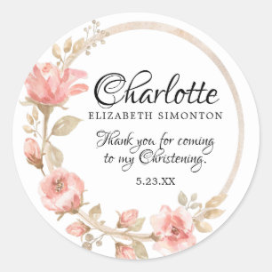 Roze Waterverf Roos Gepersonaliseerde doopsel Ronde Sticker
