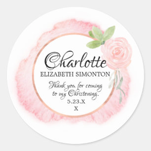 Roze Waterverf Roos Gepersonaliseerde doopsel Ronde Sticker
