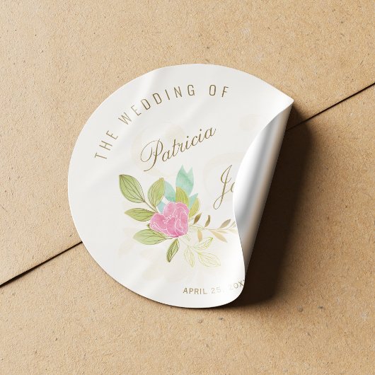 Roze waterverf roos gouden script ampersand bruilo ronde sticker