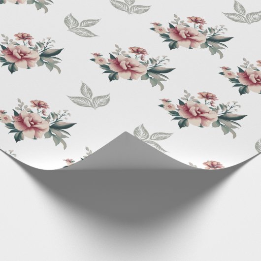 Roze Waterverf Roos met Blauwgroen gebladerte Cadeaupapier (Hoek)