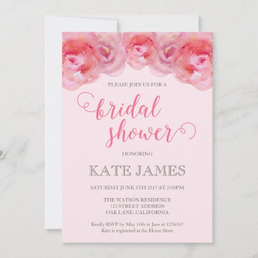 Roze Waterverf Rozen bruids doucheuitnodiging Kaart (Voorkant)