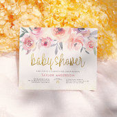 Roze Waterverf Rozen Chic Gold Script Baby shower Uitnodiging Briefkaart