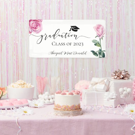 Roze Waterverf Rozen Graduation Party Banner (Feest)