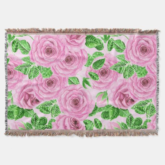 Roze waterverf rozen met bladeren en knoppen deken (Voorkant)