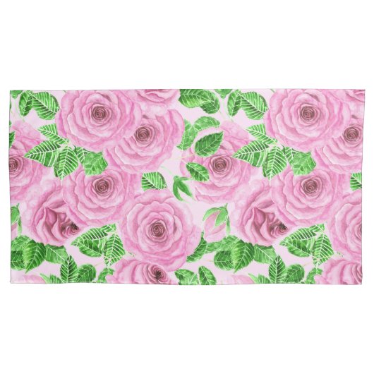 Roze waterverf rozen met bladeren en knoppen kussensloop (Voorkant-Links)