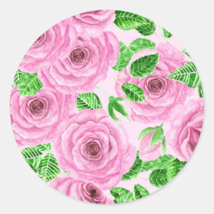 Roze waterverf rozen met bladeren en knoppen ronde sticker