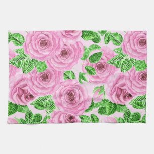 Roze waterverf rozen met bladeren en knoppen theedoek