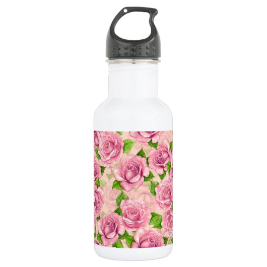 Roze waterverf rozen patroon waterfles  (Voorkant)