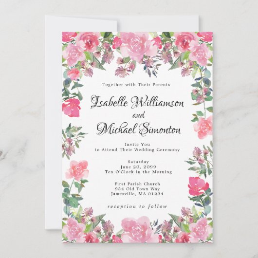 Roze Waterverf Rozen Weddenschappen Kaart (Voorkant)