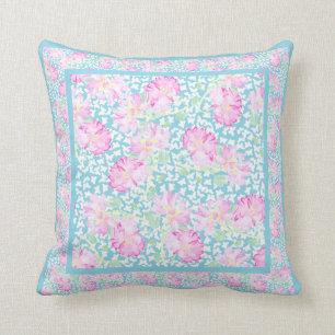 Roze Waterverf Rozen, witte vlinders, Sky Blue Kussen