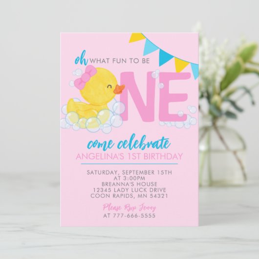 Roze Waterverf Rubber Duck 1e Verjaardagsfeestje Kaart (Staand voorkant)
